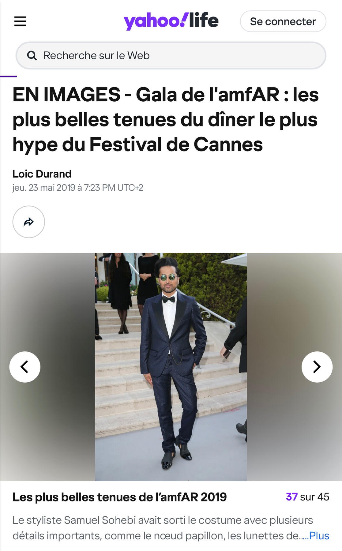 Samuel Sohebi amfAR Gala Cannes Film Festival best dressed red carpet international media coverage Yahoo Style feature