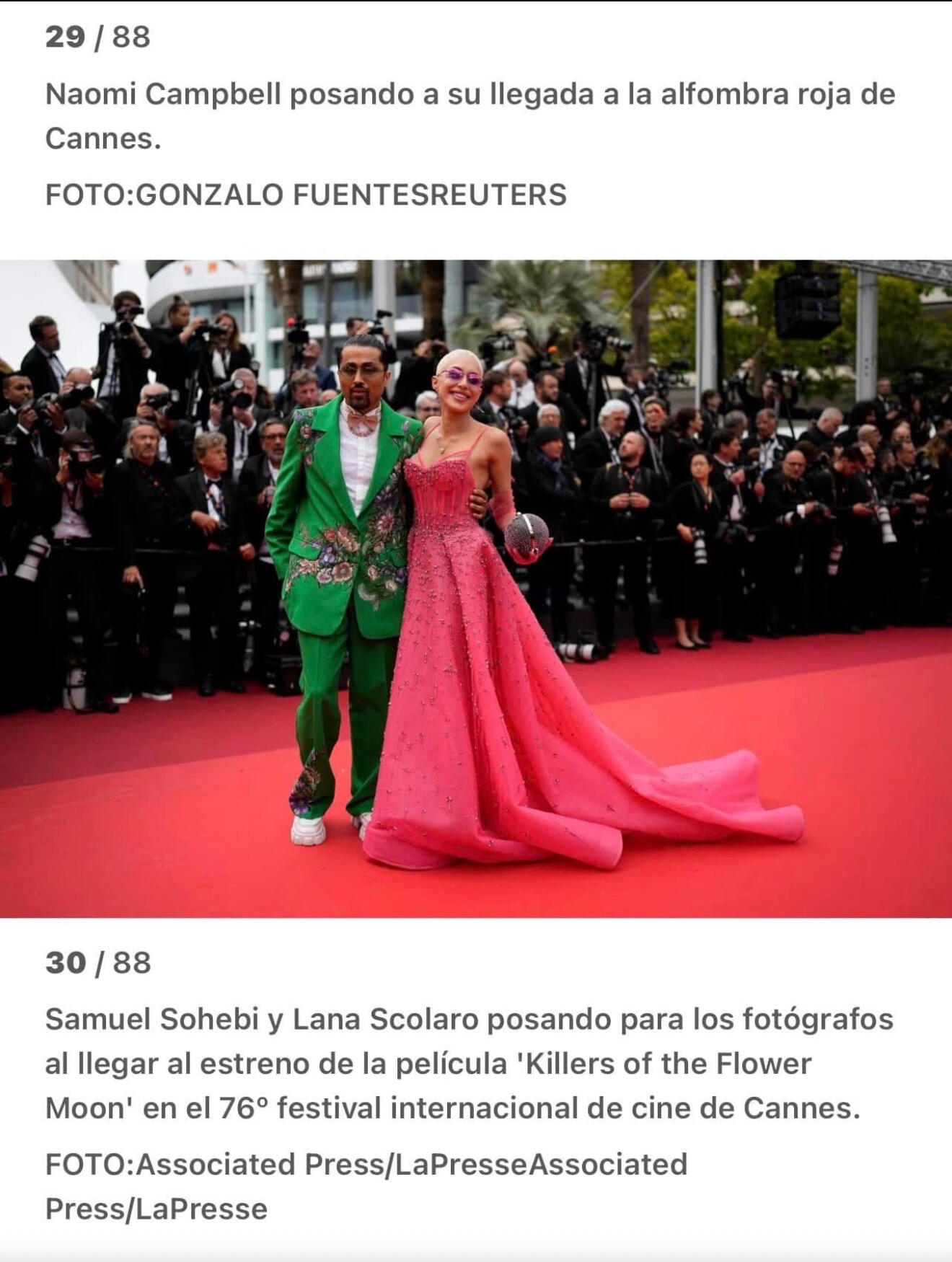Samuel Sohebi and Lana Scolaro on the red carpet at the Cannes Film Festival 2023, photographed by Reuters and Associated Press during the premiere of Killers of the Flower Moon
